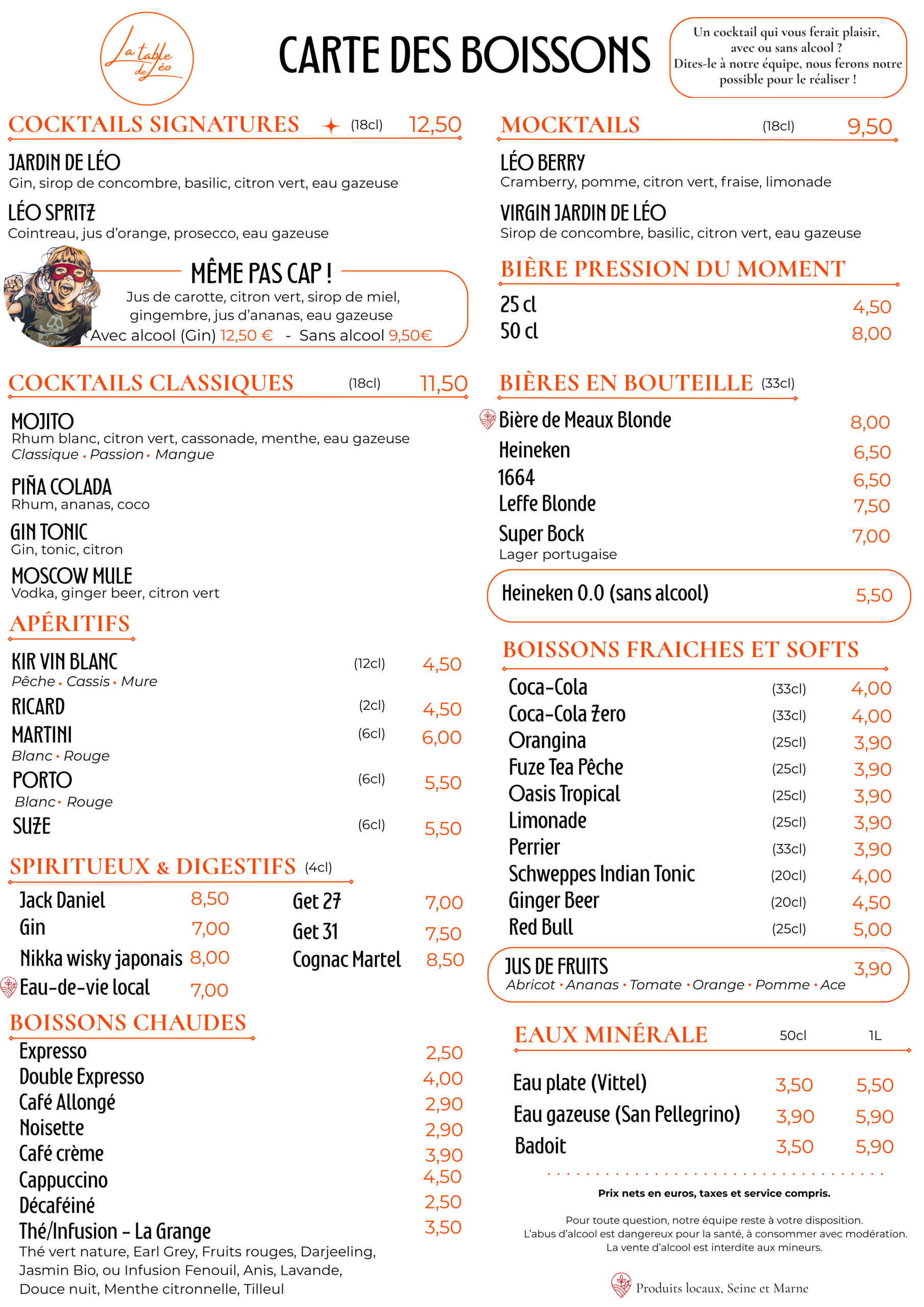 Carte des boissons
